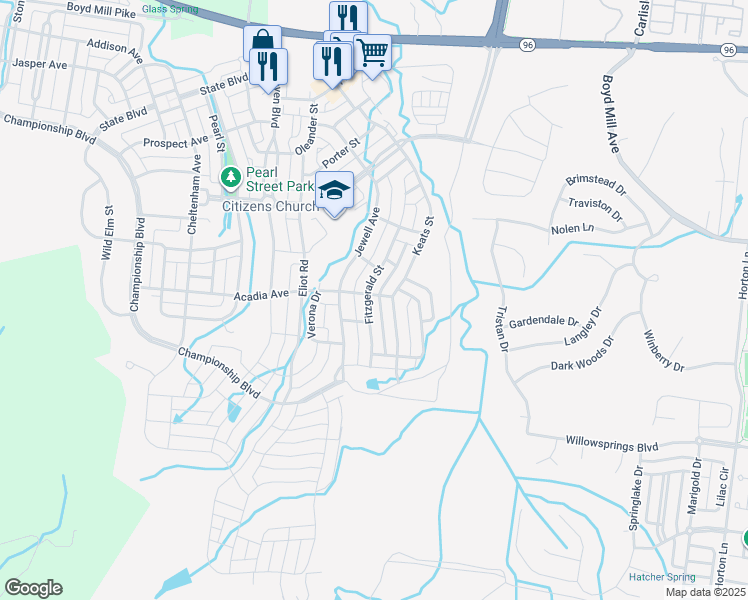 map of restaurants, bars, coffee shops, grocery stores, and more near 301 Fitzgerald Street in Franklin