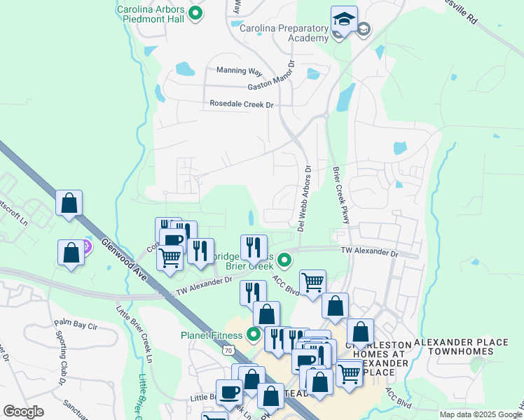 map of restaurants, bars, coffee shops, grocery stores, and more near 621 Brier Crossings Loop in Durham