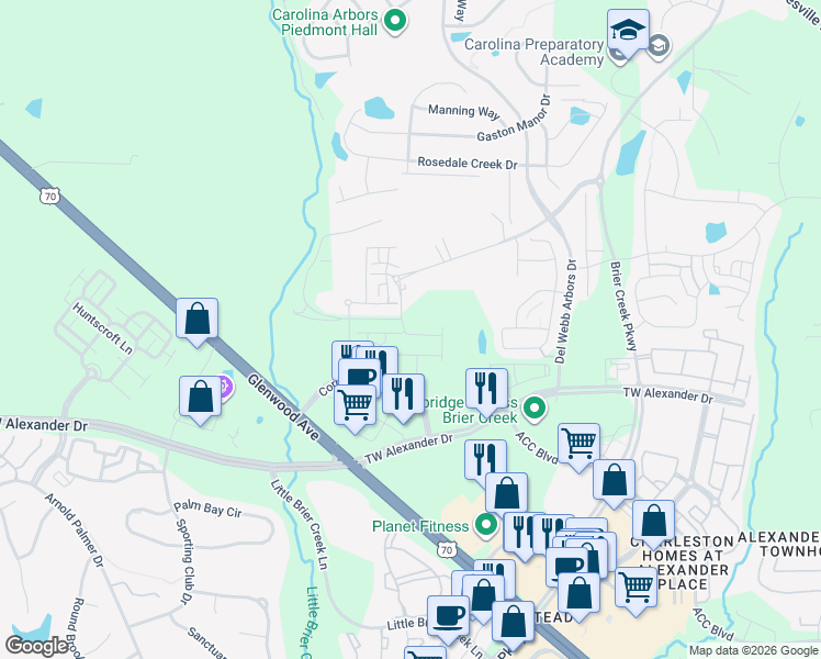 map of restaurants, bars, coffee shops, grocery stores, and more near 1105 Crossvine Trail in Durham