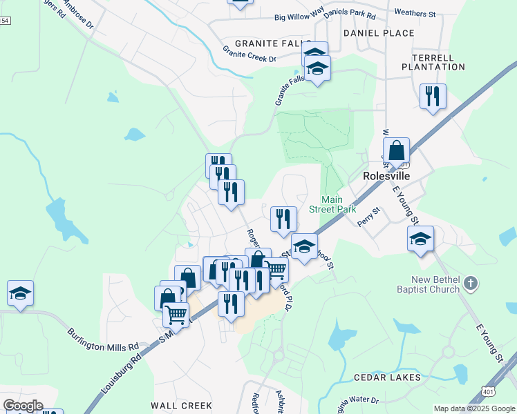 map of restaurants, bars, coffee shops, grocery stores, and more near 107 Sir William Lane in Rolesville