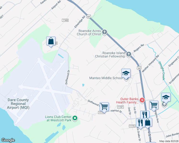 map of restaurants, bars, coffee shops, grocery stores, and more near 133 1st Colony Court in Manteo