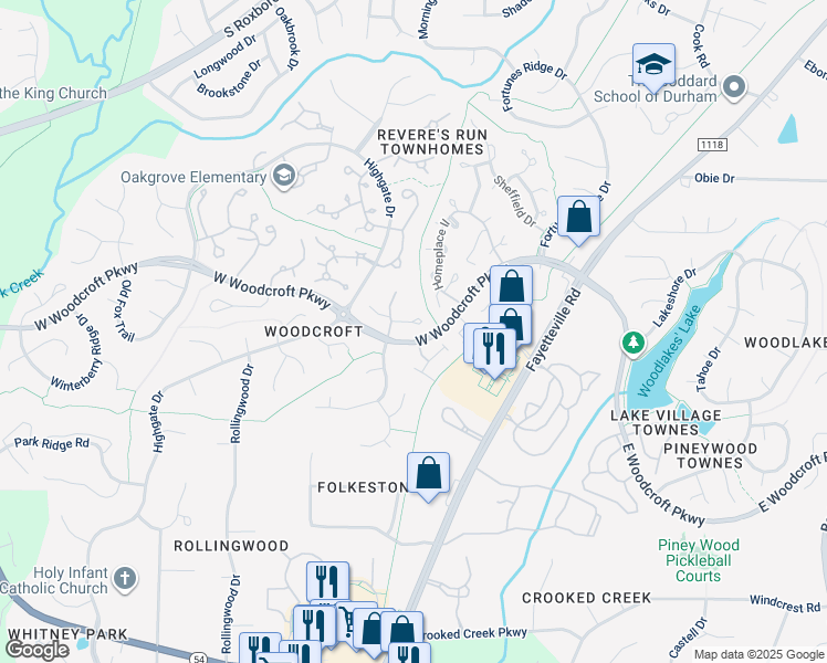 map of restaurants, bars, coffee shops, grocery stores, and more near 500 West Woodcroft Parkway in Durham