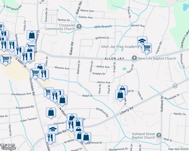 map of restaurants, bars, coffee shops, grocery stores, and more near 807 Graylyn Drive in High Point