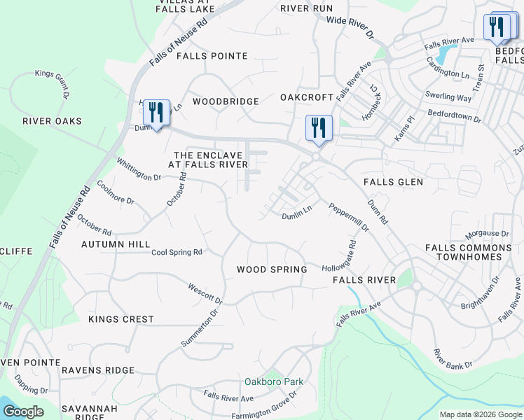 map of restaurants, bars, coffee shops, grocery stores, and more near 2302 Dunlin Lane in Raleigh