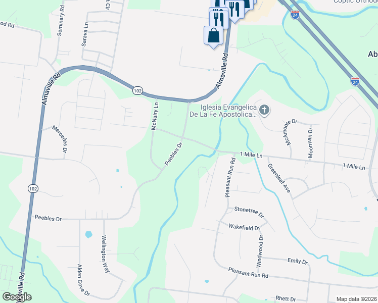 map of restaurants, bars, coffee shops, grocery stores, and more near 205 Peebles Dr in Smyrna
