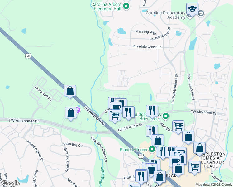 map of restaurants, bars, coffee shops, grocery stores, and more near 1020 Andrews Chapel Road in Durham