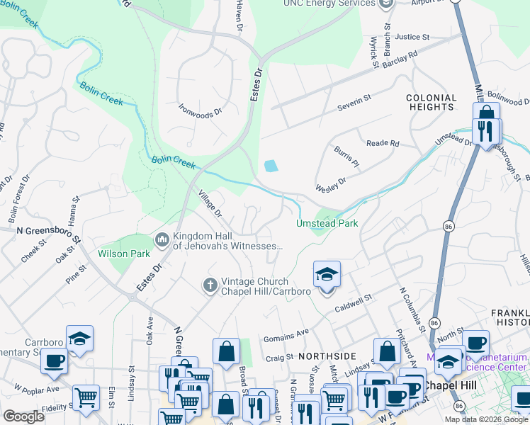 map of restaurants, bars, coffee shops, grocery stores, and more near 132 Ridge Trail in Chapel Hill