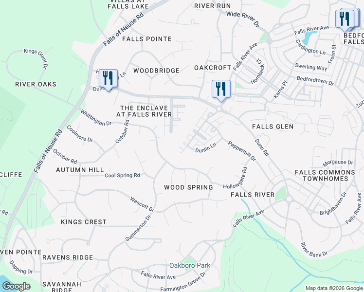 map of restaurants, bars, coffee shops, grocery stores, and more near 2302 Dunlin Lane in Raleigh