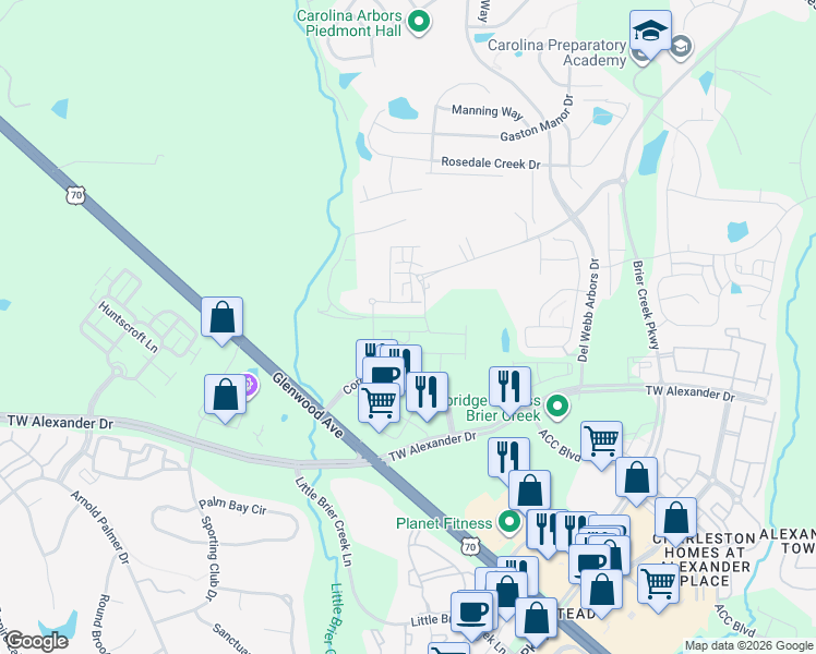 map of restaurants, bars, coffee shops, grocery stores, and more near 1002 Andrews Chapel Road in Durham
