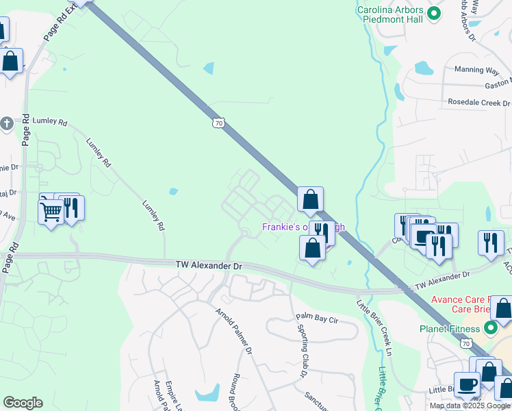 map of restaurants, bars, coffee shops, grocery stores, and more near 2511 Huntscroft Lane in Raleigh