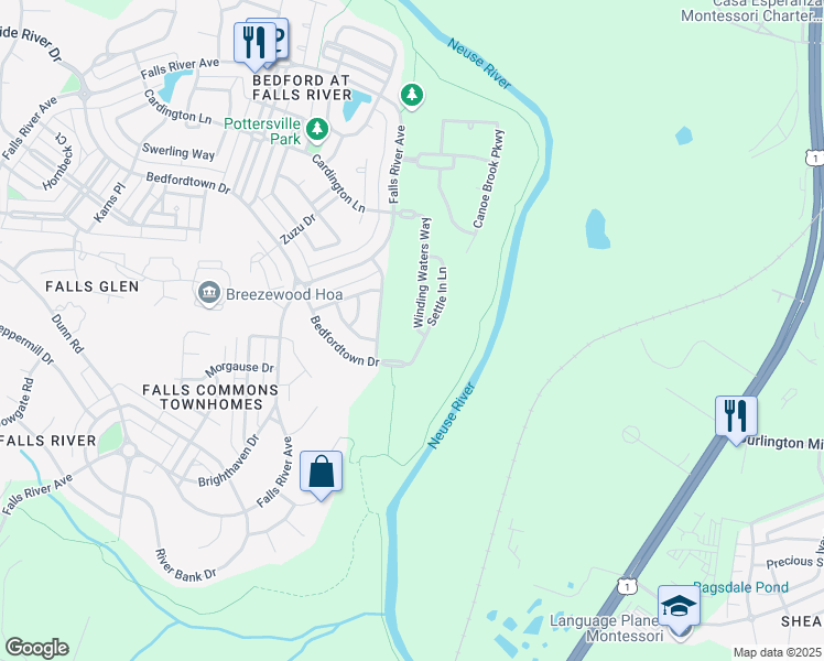 map of restaurants, bars, coffee shops, grocery stores, and more near 2915 Winding Waters Way in Raleigh