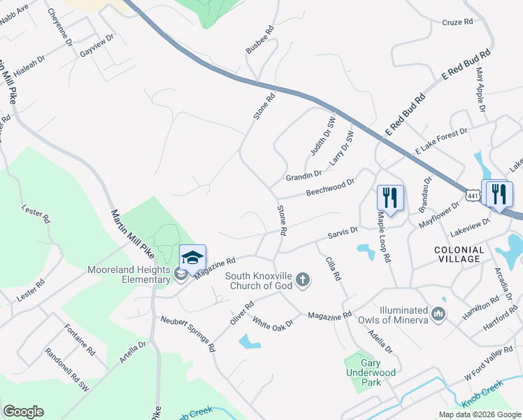 map of restaurants, bars, coffee shops, grocery stores, and more near 5400 Stoneoak Lane in Knoxville