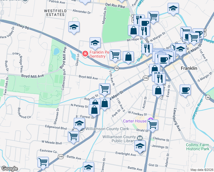 map of restaurants, bars, coffee shops, grocery stores, and more near 1100 West Main Street in Franklin