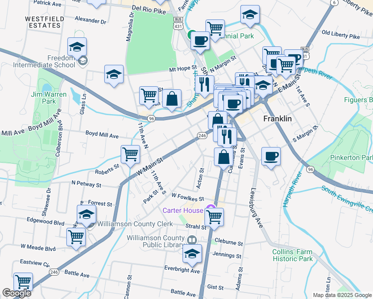 map of restaurants, bars, coffee shops, grocery stores, and more near 909 West Main Street in Franklin