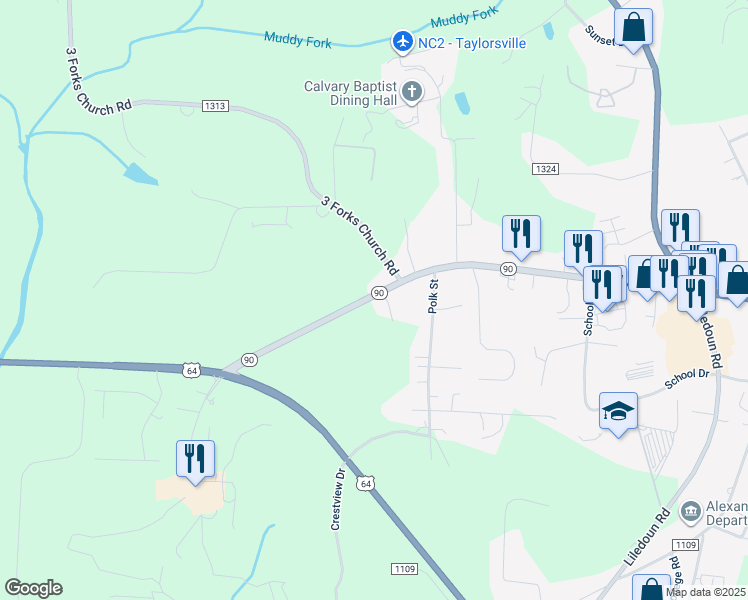 map of restaurants, bars, coffee shops, grocery stores, and more near 1398 North Carolina 90 in Taylorsville