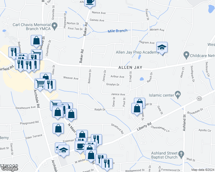 map of restaurants, bars, coffee shops, grocery stores, and more near 804 Graylyn Drive in High Point