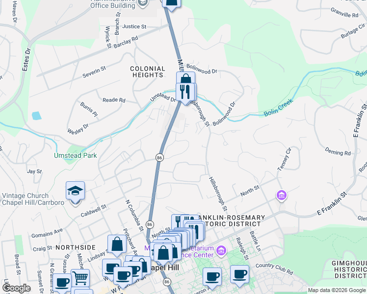 map of restaurants, bars, coffee shops, grocery stores, and more near 710 Martin Luther King Junior Boulevard in Chapel Hill
