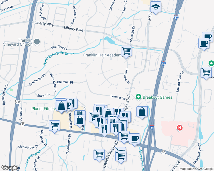 map of restaurants, bars, coffee shops, grocery stores, and more near 816 Chad Court in Franklin