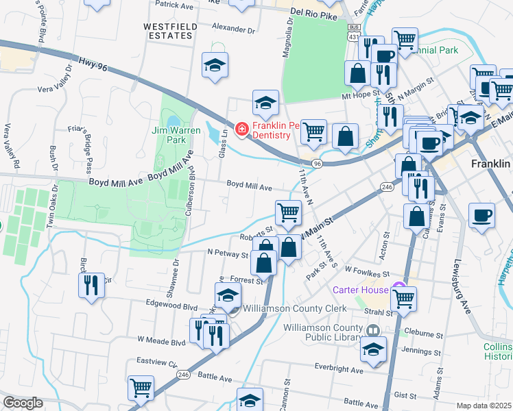 map of restaurants, bars, coffee shops, grocery stores, and more near 503 Boyd Mill Avenue in Franklin
