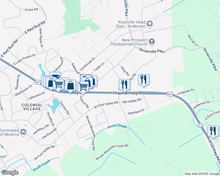 map of restaurants, bars, coffee shops, grocery stores, and more near 6316 Chapman Highway in Knoxville