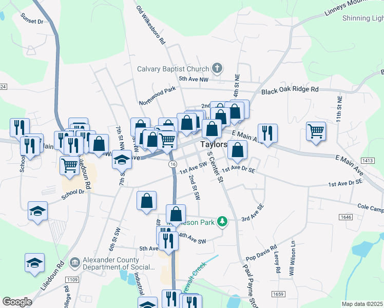 map of restaurants, bars, coffee shops, grocery stores, and more near 202-214 Main Ave Dr in Taylorsville