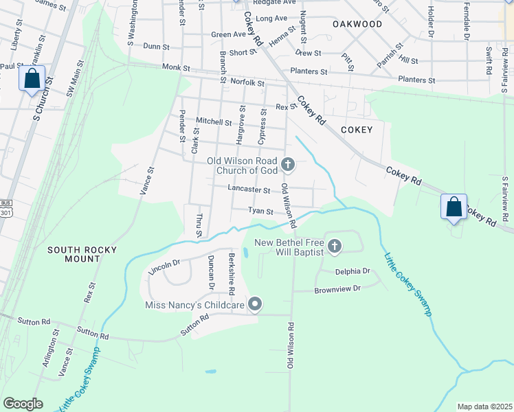 map of restaurants, bars, coffee shops, grocery stores, and more near 1625 Cypress Street in Rocky Mount