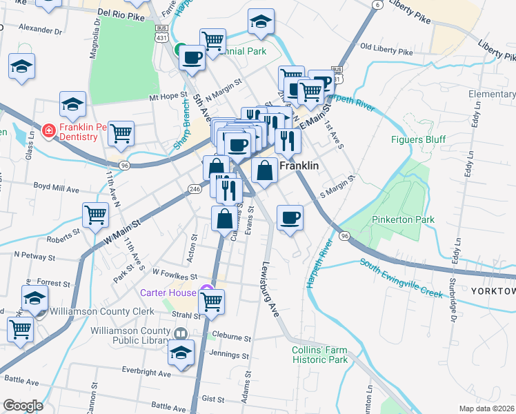 map of restaurants, bars, coffee shops, grocery stores, and more near 216 5th Avenue South in Franklin