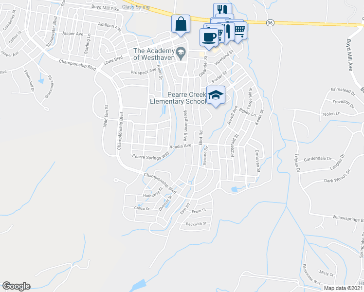 map of restaurants, bars, coffee shops, grocery stores, and more near Acadia Avenue in Franklin