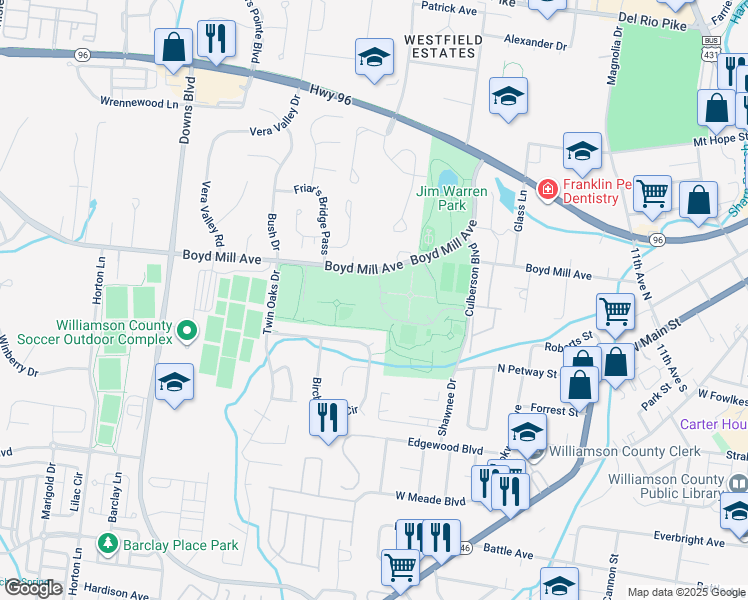 map of restaurants, bars, coffee shops, grocery stores, and more near 705 Boyd Mill Avenue in Franklin