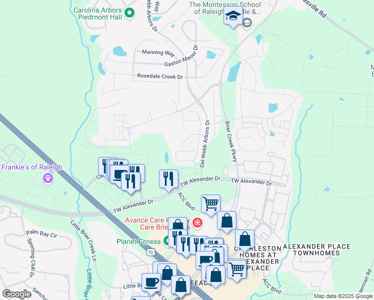 map of restaurants, bars, coffee shops, grocery stores, and more near 334 Brier Crossings Loop in Durham