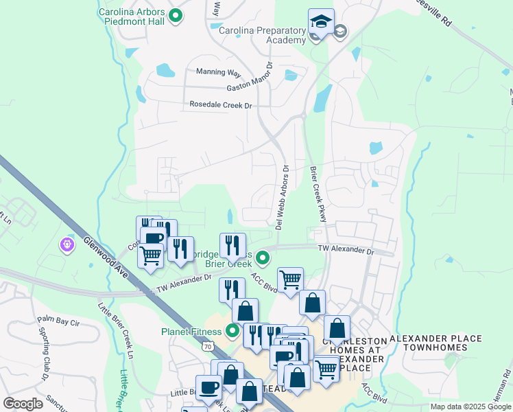 map of restaurants, bars, coffee shops, grocery stores, and more near 334 Brier Crossings Loop in Durham