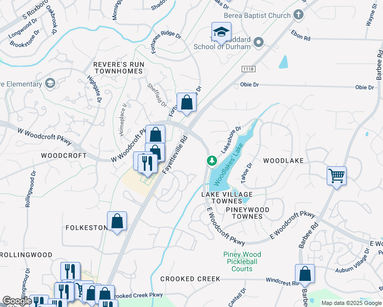 map of restaurants, bars, coffee shops, grocery stores, and more near 5705 Fayetteville Road in Durham