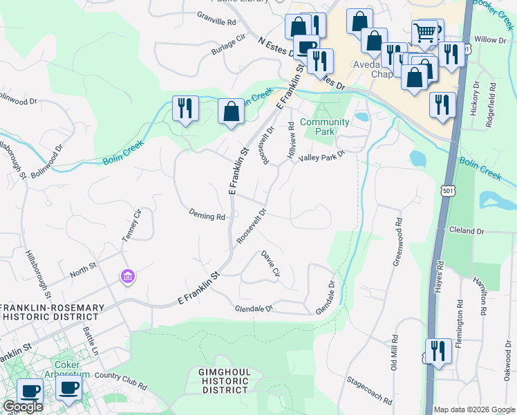 map of restaurants, bars, coffee shops, grocery stores, and more near 1100 Roosevelt Drive in Chapel Hill