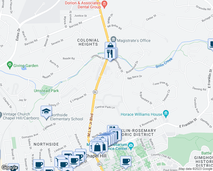 map of restaurants, bars, coffee shops, grocery stores, and more near 710 Martin Luther King Junior Boulevard in Chapel Hill