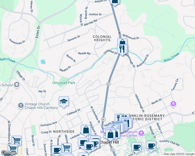 map of restaurants, bars, coffee shops, grocery stores, and more near 102 Columbia Place Drive in Chapel Hill