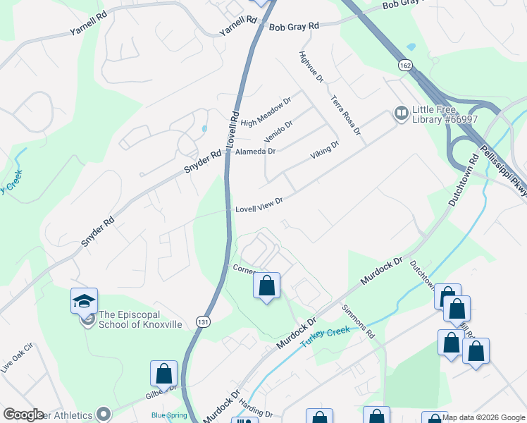 map of restaurants, bars, coffee shops, grocery stores, and more near 1015 Lovell View Drive in Knoxville