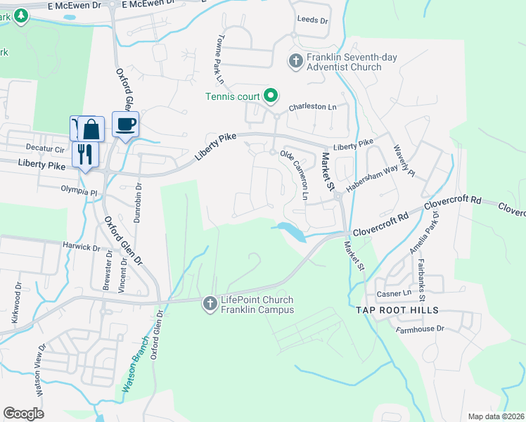 map of restaurants, bars, coffee shops, grocery stores, and more near 1322 Tilton Drive in Franklin