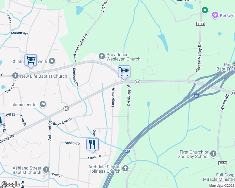 map of restaurants, bars, coffee shops, grocery stores, and more near 3307 Longview Drive in Archdale