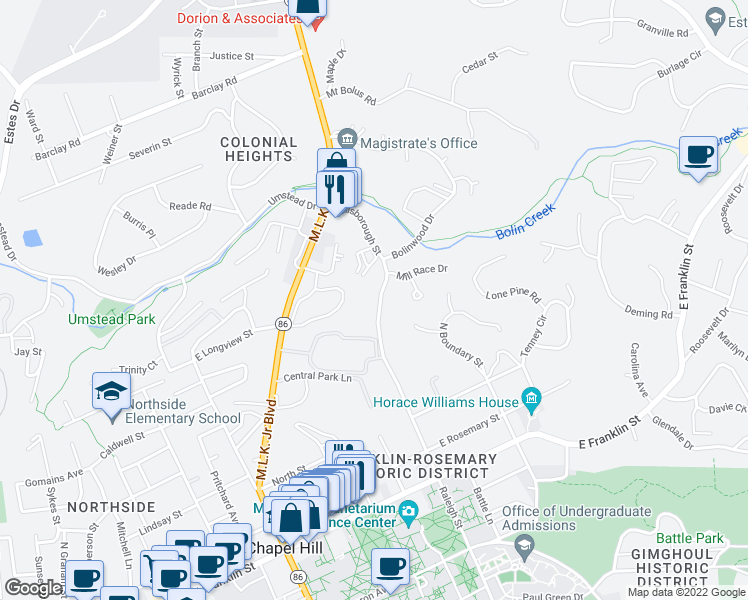 map of restaurants, bars, coffee shops, grocery stores, and more near 519 Hillsborough Street in Chapel Hill