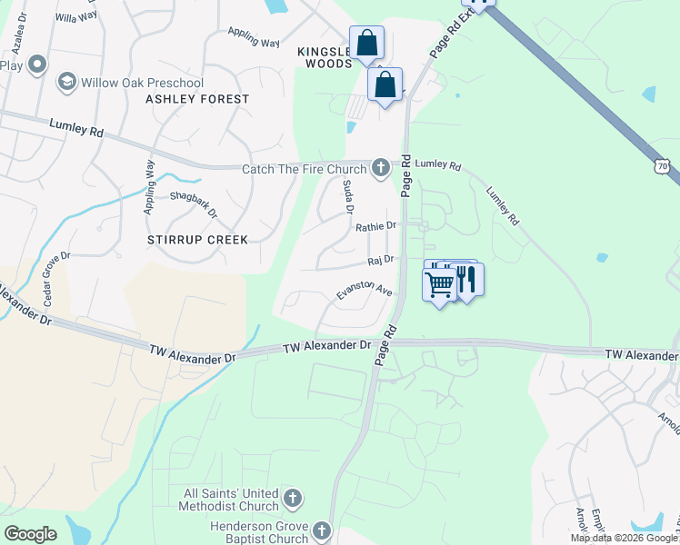 map of restaurants, bars, coffee shops, grocery stores, and more near 1916 Raj Drive in Durham