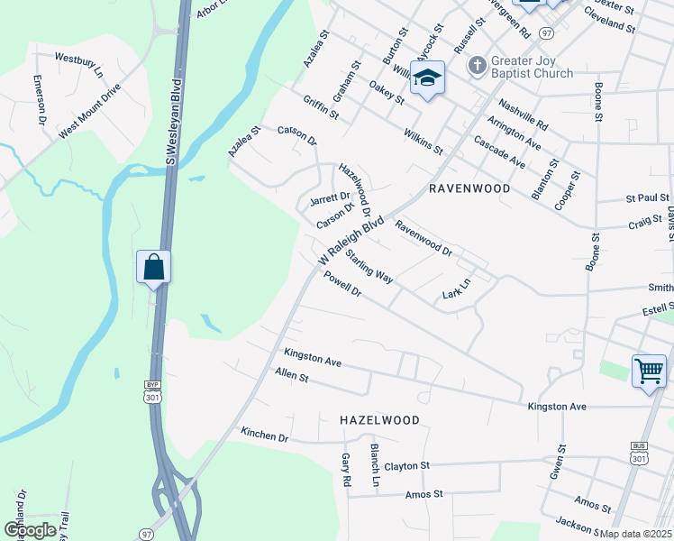 map of restaurants, bars, coffee shops, grocery stores, and more near 736 Powell Drive in Rocky Mount