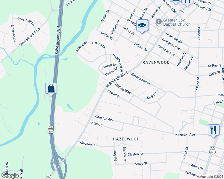 map of restaurants, bars, coffee shops, grocery stores, and more near 736 Powell Drive in Rocky Mount