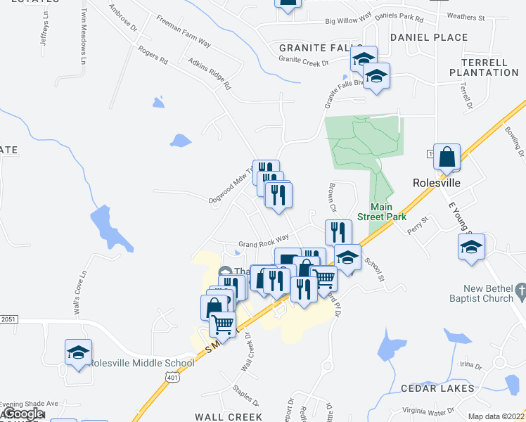 map of restaurants, bars, coffee shops, grocery stores, and more near 314 Leighann Ridge Lane in Rolesville