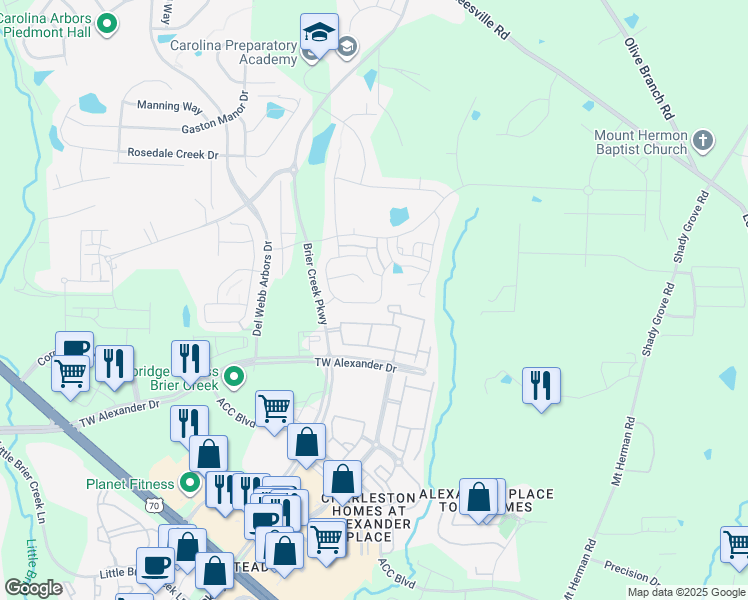 map of restaurants, bars, coffee shops, grocery stores, and more near 439 Shale Creek Drive in Durham
