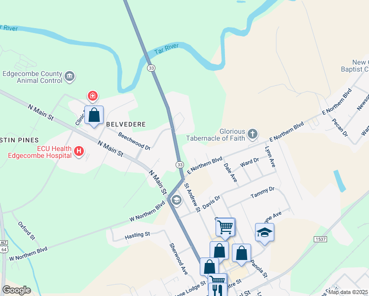 map of restaurants, bars, coffee shops, grocery stores, and more near 2431 Saint Andrew Street in Tarboro