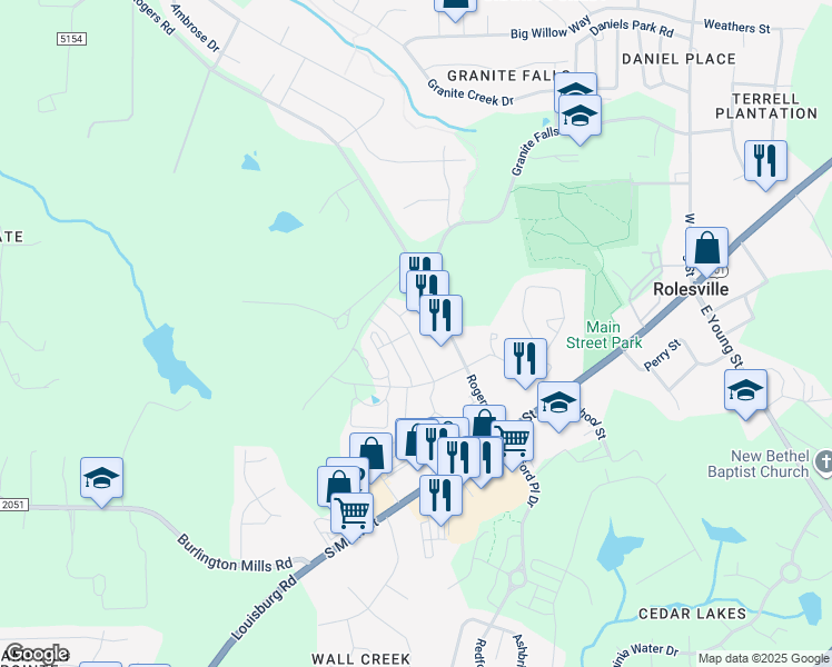 map of restaurants, bars, coffee shops, grocery stores, and more near 314 Leighann Ridge Lane in Rolesville