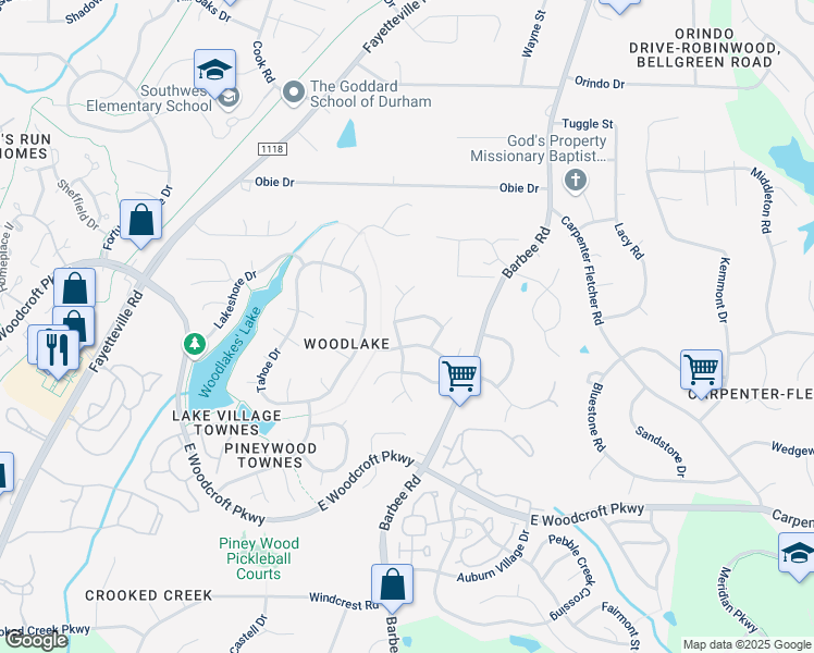 map of restaurants, bars, coffee shops, grocery stores, and more near 5902 Wateree Dr in Durham