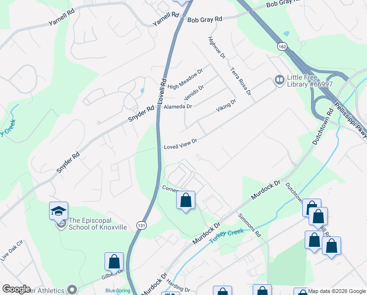 map of restaurants, bars, coffee shops, grocery stores, and more near 1015 Lovell View Drive in Knoxville