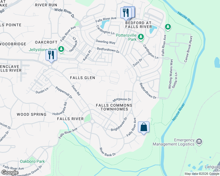 map of restaurants, bars, coffee shops, grocery stores, and more near 10965 Pendragon Place in Raleigh