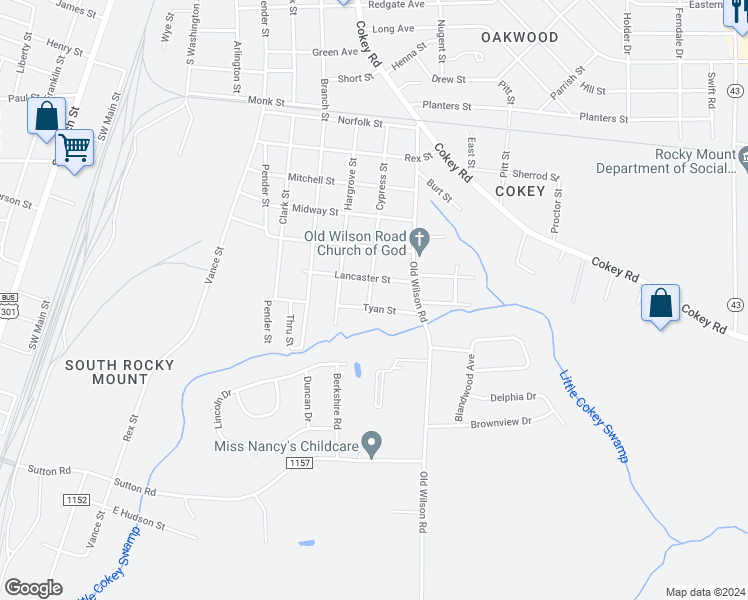 map of restaurants, bars, coffee shops, grocery stores, and more near 1621 Cypress Street in Rocky Mount